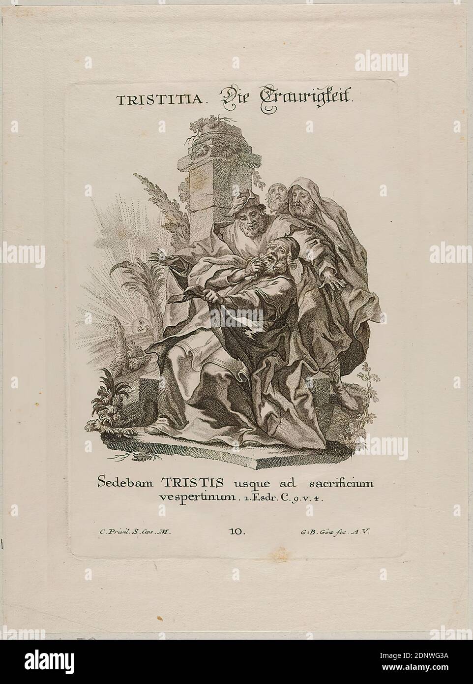 Gottfried Bernhard Göz, Die Traurigkeit, Punktiermanier, sheet size: height: 23,20 cm; width: 17,20 cm, signed, inscribed and numbered on the plate: TRISTITIA. Die Traurigkeit, Sedebam TRISTIS usque ad sacrificium vespertinum 1 Esdr. C. 9 V. 4, C. Privil. S. Caes. M, 10th, G. B. Göz fec. A. V, prints, printed matter, Old Testament, Rocaille, sheet 10 from the series Passiones Animi aequae bonae ac malae, figuris biblicis Penicillo The good and bad sufferers of the human mind presented in biblical stories Stock Photo