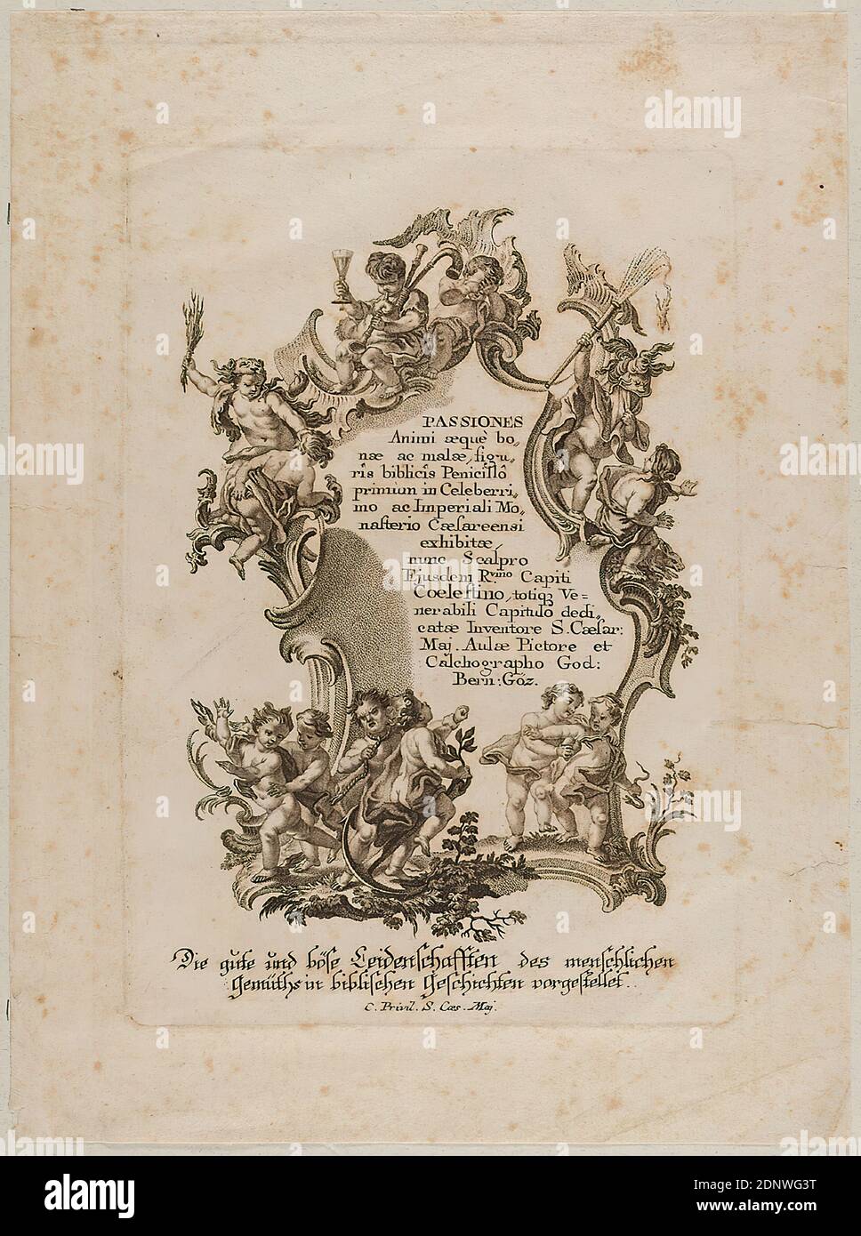 Gottfried Bernhard Göz, Rocaille cartouche with putti and title, dotted manner, leaf size: height: 23.2 cm; width: 17.2 cm, inscribed on the plate: Maj. Aulae Pictore et Calchographo God: Bern: Göz, The good and bad sufferers of the human mind presented in biblical stories, C. Private. S. Caes. Maj, prints, virtues and vices, Rocaille, title page of the series Passiones Animi aequae bonae ac malae, figuris biblicis Penicillo The good and bad passions of the human mind presented in biblical stories Stock Photo