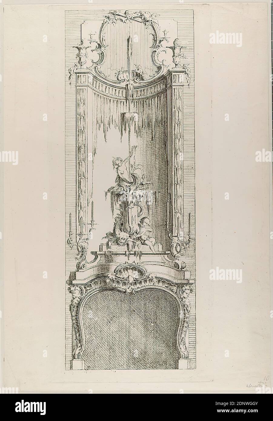 Johann Michael Hoppenhaupt, fireplace, sheet from a series, paper, etching, sheet size: height: 43.30 cm; width: 29.80 cm, graphics, fireplace, rocaille, rococo Stock Photo