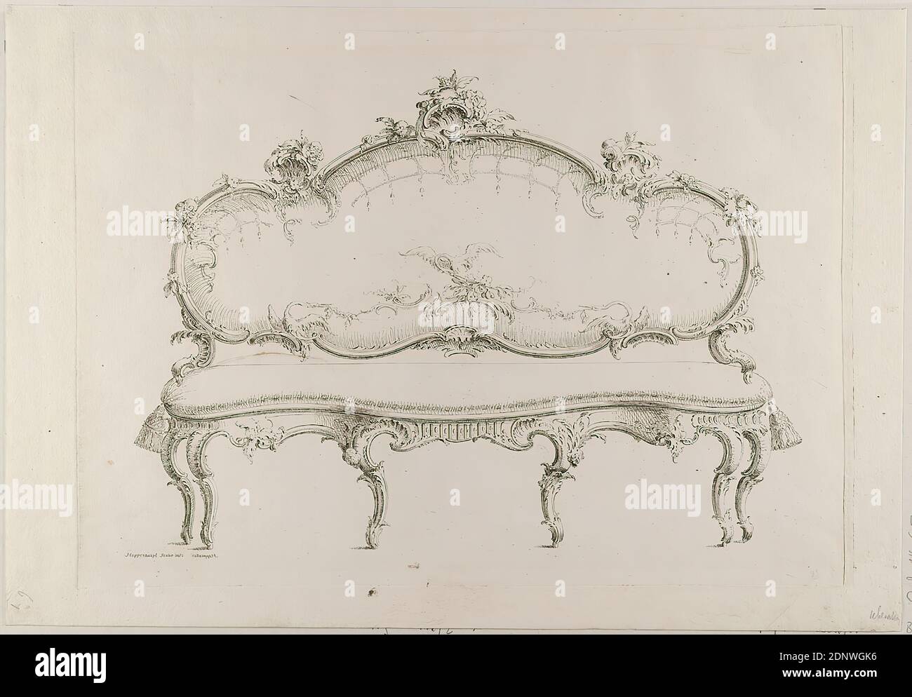 Johann Michael Hoppenhaupt, sofa, sheet from a series, paper, etching, sheet size: height: 30,00 cm; width: 43,30 cm, signed: in the plate: Hoppenhaupt Senior inv: [and again mirror-inverted: Hoppenhau'], prints, printed matter, couch, sofa, canapé, rocaille, rococo Stock Photo