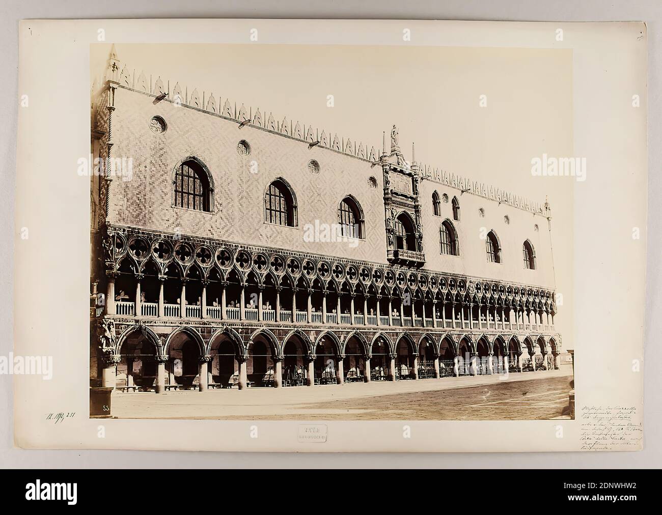 Carlo Naya, Venezia - Palazzo Ducale verso l'Antica Libreria, 1892, albumin paper, black and white positive process, sheet size: height: 27.20 cm; width: 35.20 cm, stamp engraving: Naya Fotografo, inscribed: recto: Porta della Carta. , label: verso: 53, Venezia, Palazzo Ducale verso l'Antica Libreria, architectural photography, travel photography, facade, house, building, architecture, hist. place, city, village, hist. building, locality, street Stock Photo