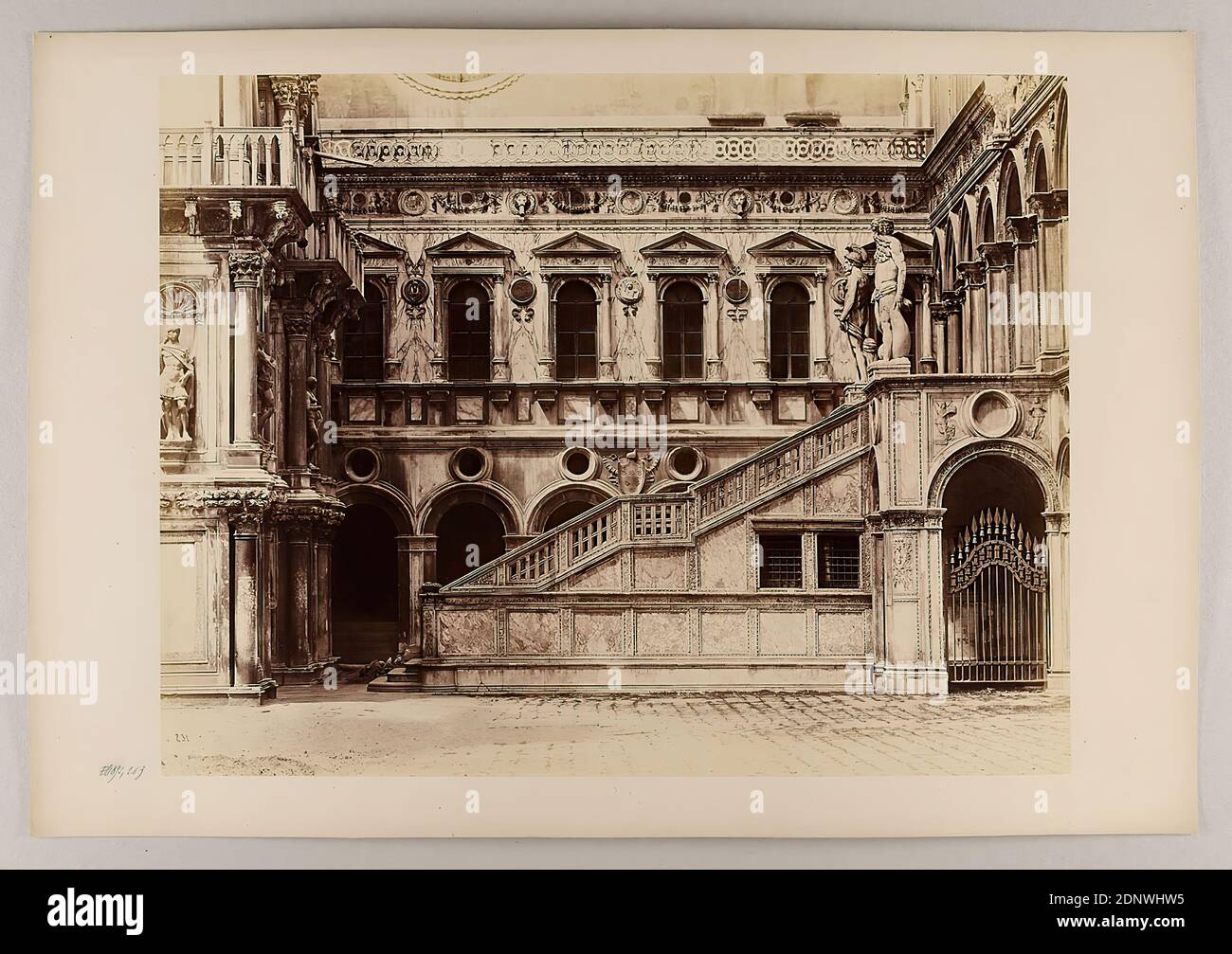 Carlo Naya, Venezia - Palazzo Ducale, Scala dei Giganti, 1892, albumin paper, black and white positive process, sheet size: height: 27,20 cm; width: 35,20 cm, stamp engraving: Naya Fotografo, architectural photography, travel photography, facade, house, building, architecture, hist. building, locality, street Stock Photo