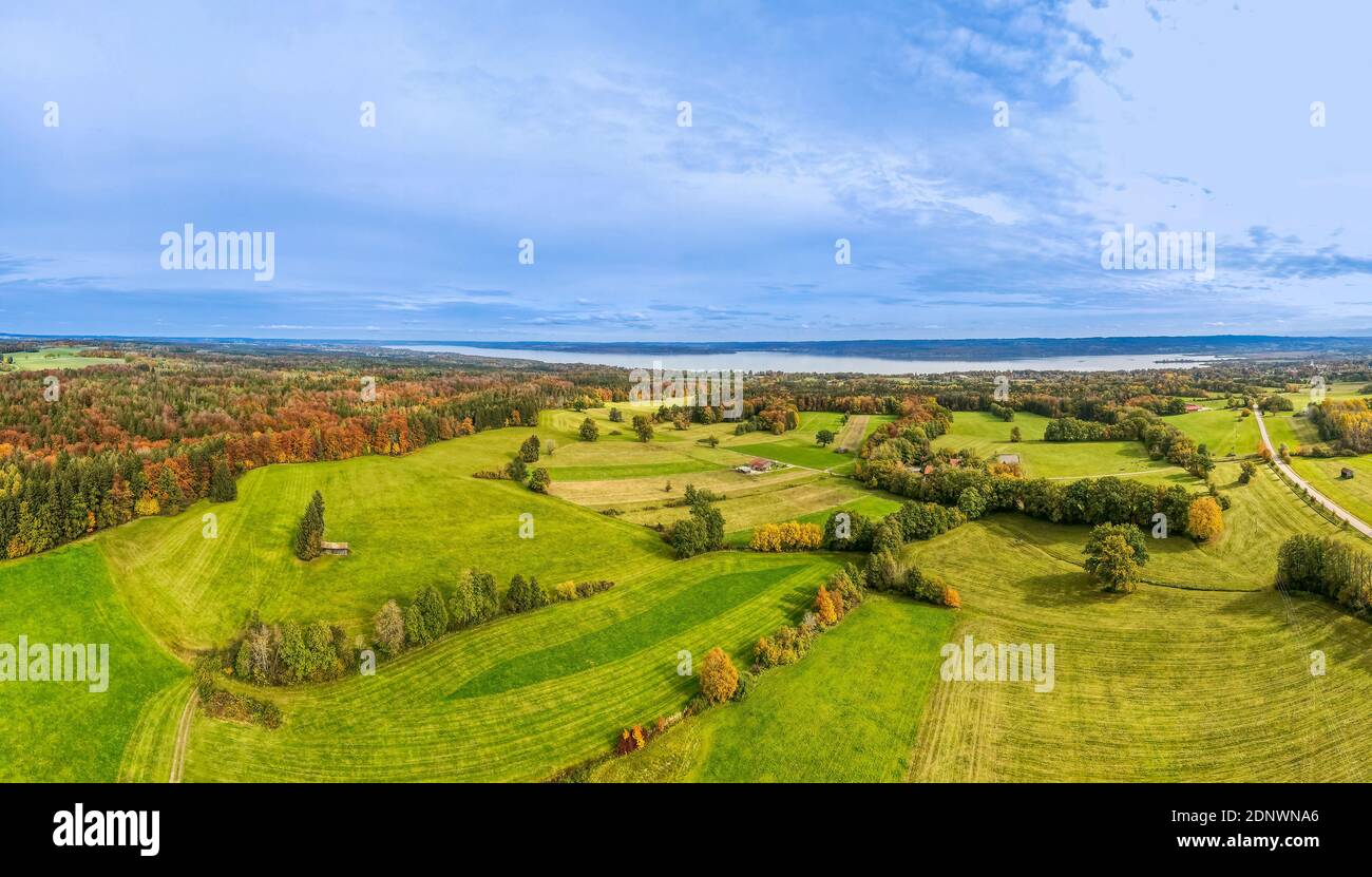 Bavarian Alpine foothills in autumn near Diessen am Ammersee, drone image, Upper Bavaria, Bavaria, Germany, Europe Stock Photo