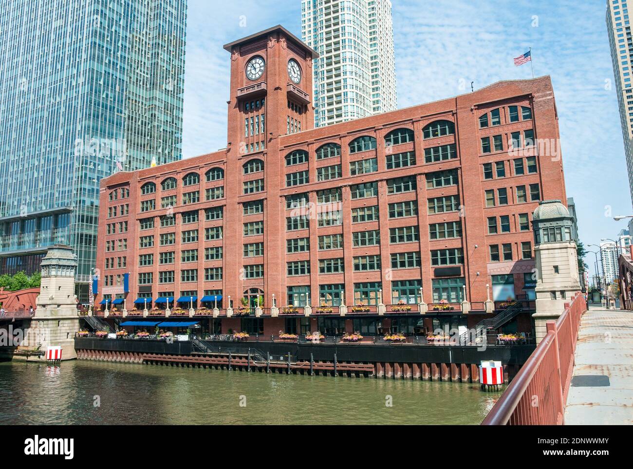 View of Reid Murdoch Building with clock from below by the Chicago river, Illinois, USA Stock Photo