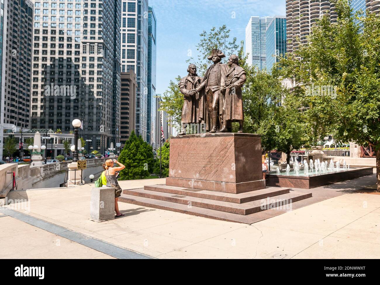 Heald Square Monument in Chicago downtown, it depicts General George Washington and financiers of the American Revolution, Robert Morris and Haym Salo Stock Photo