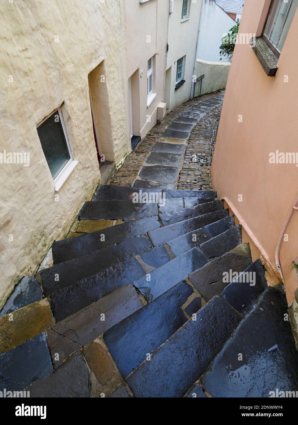 Steep steps down to alleyway  between houses, Tower Street, Bideford, North Devon, UK Stock Photo