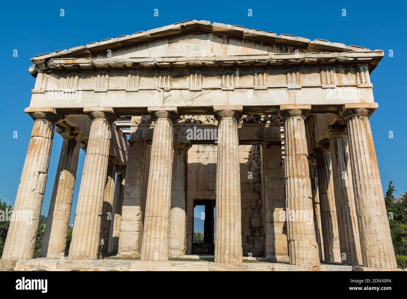 Temple of Hephaestus (Hephaestion), a well-preserved Greek temple; it remains standing largely as built. It is a Doric peripteral temple, located at t Stock Photo