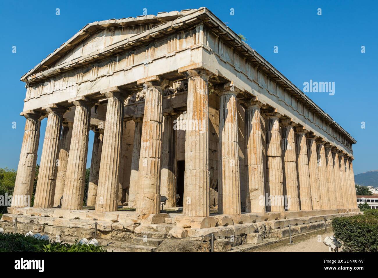 Temple of Hephaestus (Hephaestion), a well-preserved Greek temple; it remains standing largely as built. It is a Doric peripteral temple, located at t Stock Photo