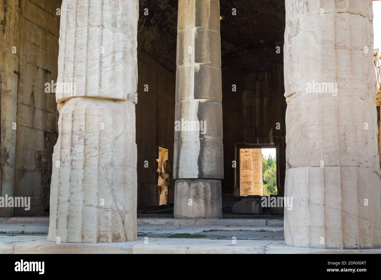 Poles of Temple of Hephaestus (Hephaestion), a well-preserved Greek temple; it remains standing largely as built. It is a Doric peripteral temple, loc Stock Photo