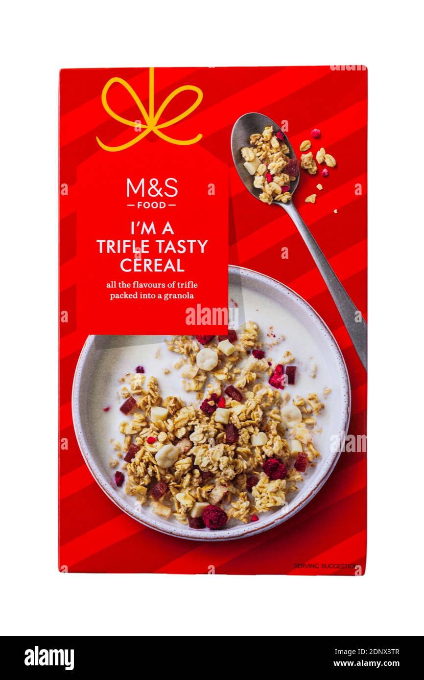 Box of M&S I'm a Trifle Tasty Cereal all the flavours of trifle packed into a granola isolated on white background Stock Photo