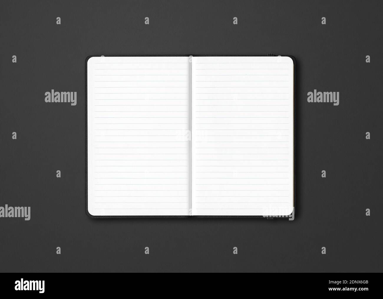 Black open lined notebook mockup isolated on dark background Stock Photo