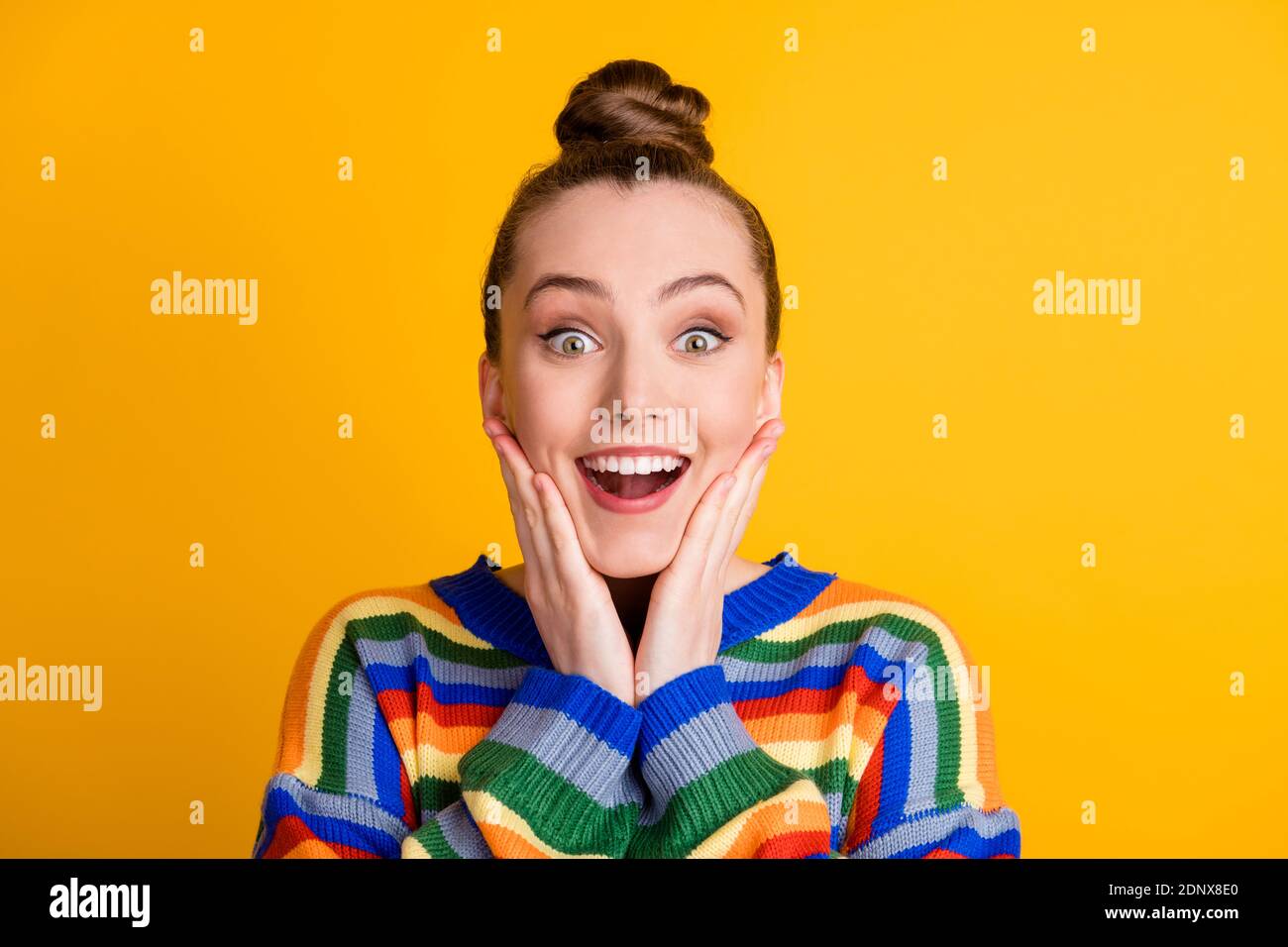 Portrait of astonished positive girl look wonderful novelty impressed ...