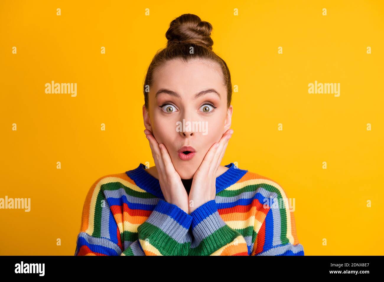 Portrait of astonished girl look incredible bargain novelty touch hands ...