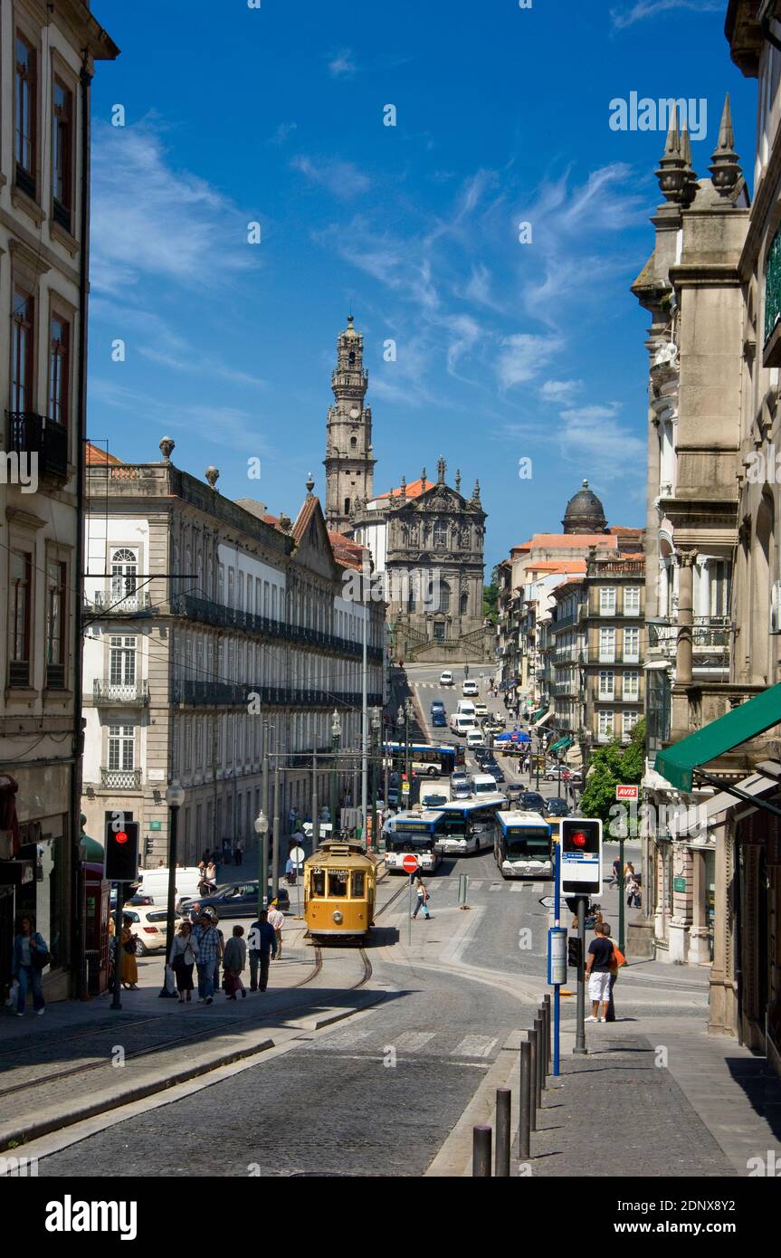 Portugal, Costa Verde, Oporto, Rua dos Clérigos, the church and tower dos clerigos in the distance Stock Photo