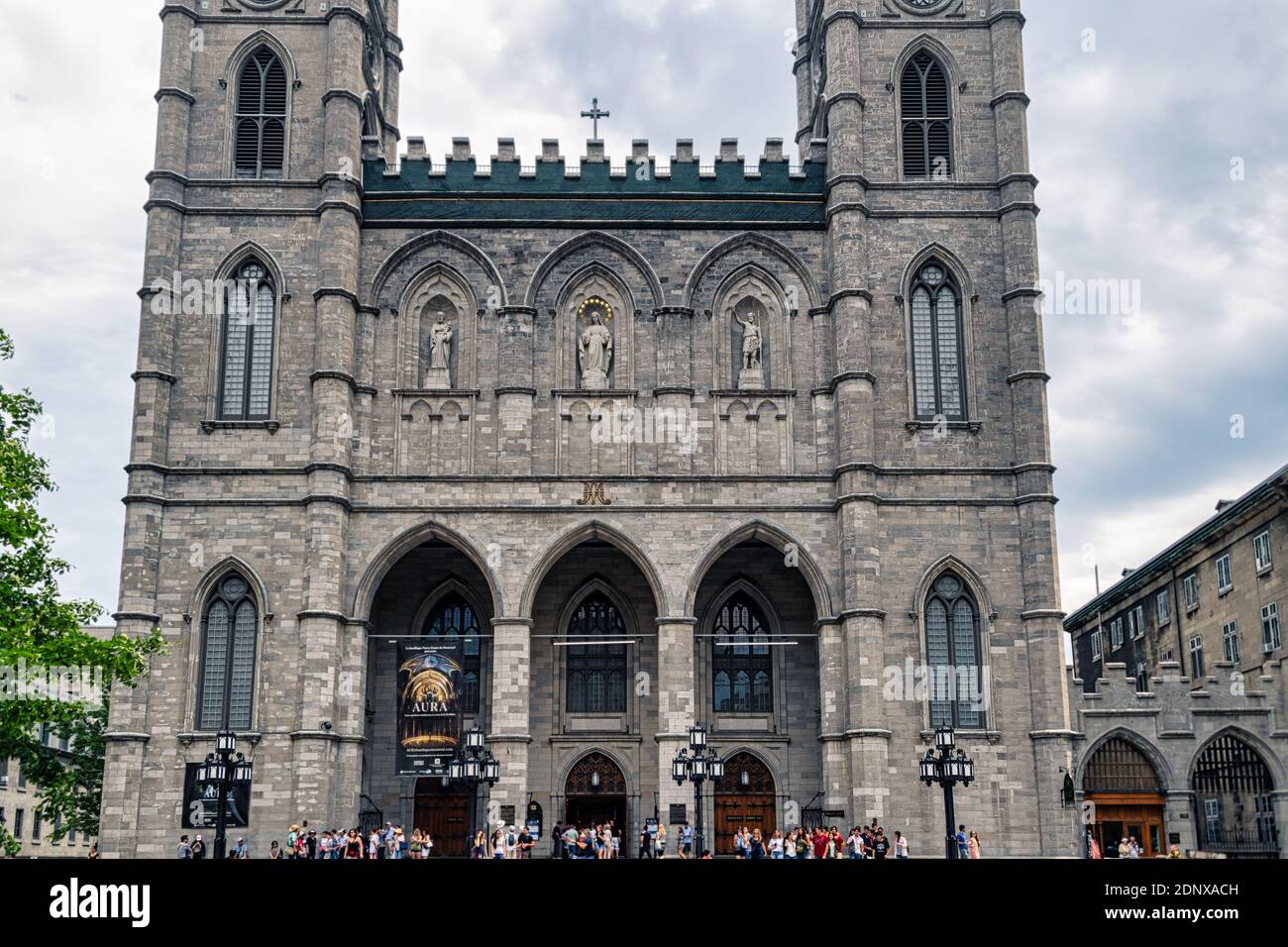 Facade details of the Notre-Dame Basilica Church, Montreal, Canada Stock Photo