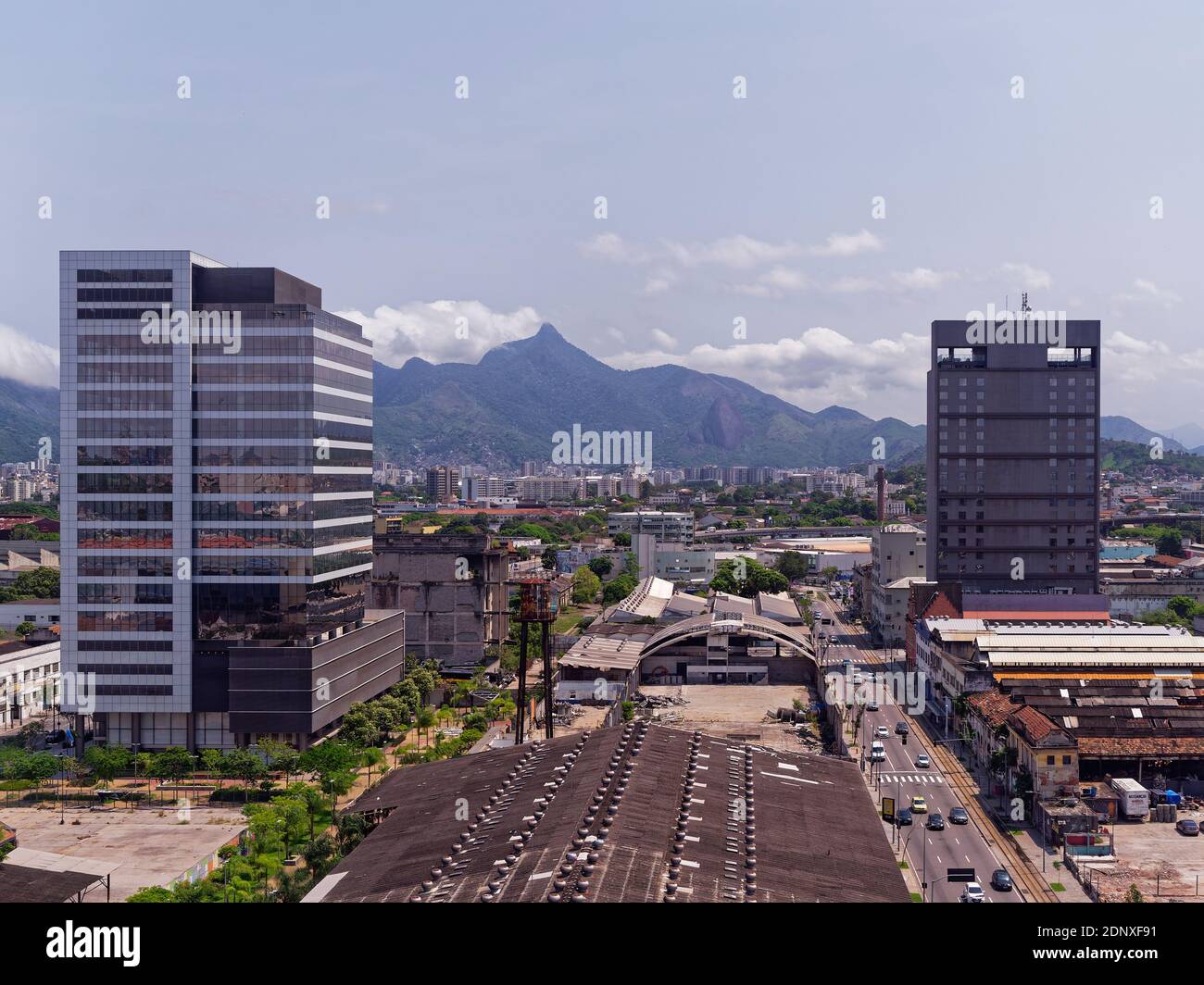 Looking over some of the Old Warehousing at the Old Port in Rio de Janeiro which is undergoing urban regeneration with modern buildings and Tower Bloc Stock Photo