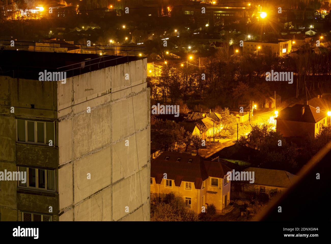 Apartment buildings, night city, quarantine all houses. High quality photo Stock Photo