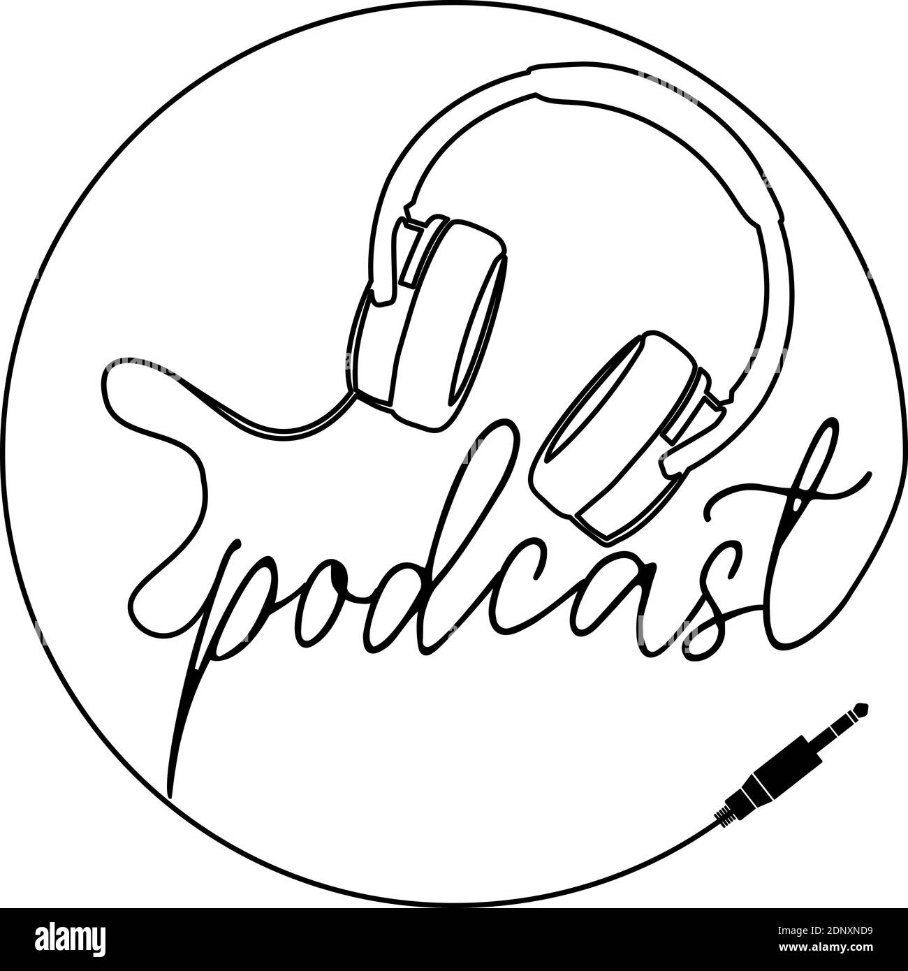 single line podcast logo with headphones isolated on white vector illustration Stock Vector