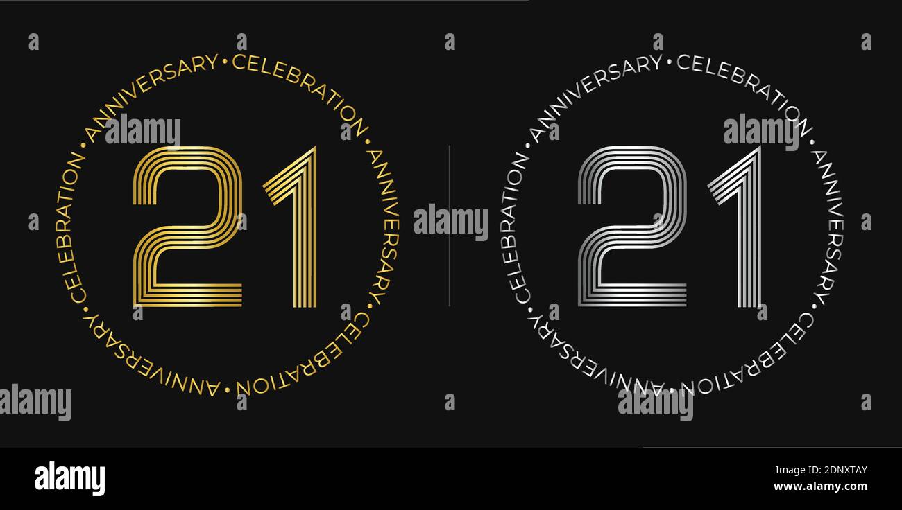 21th birthday. Twenty-one years anniversary celebration banner in golden and silver colors. Circular logo with original numbers design. Stock Vector