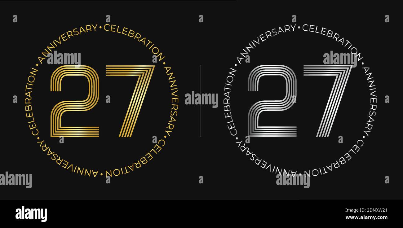 27th birthday. Twenty-seven years anniversary celebration banner in golden and silver colors. Circular logo with original numbers design. Stock Vector