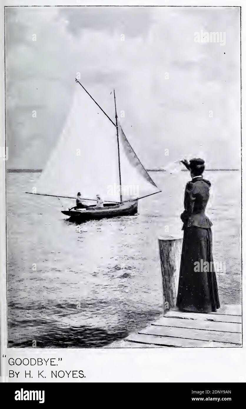 Vintage photograph from 1896 entitled Goodbye. It features a woman on the quayside waving goodbye to people on small yacht. H.K. Noyes took the photo. Stock Photo