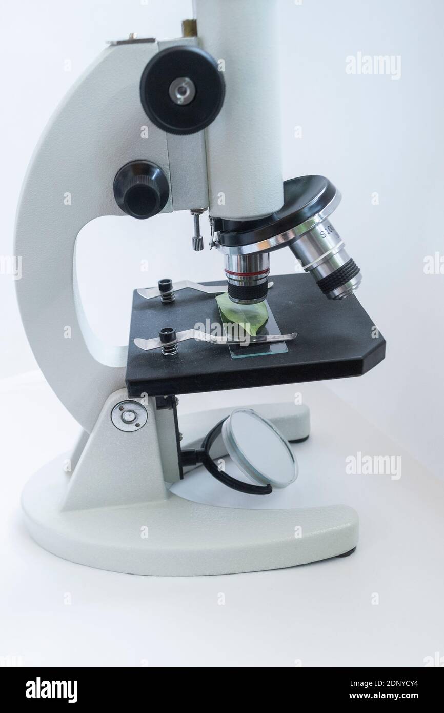 Closeup lens of a modern scientific microscope in the laboratory. Selective focus Stock Photo