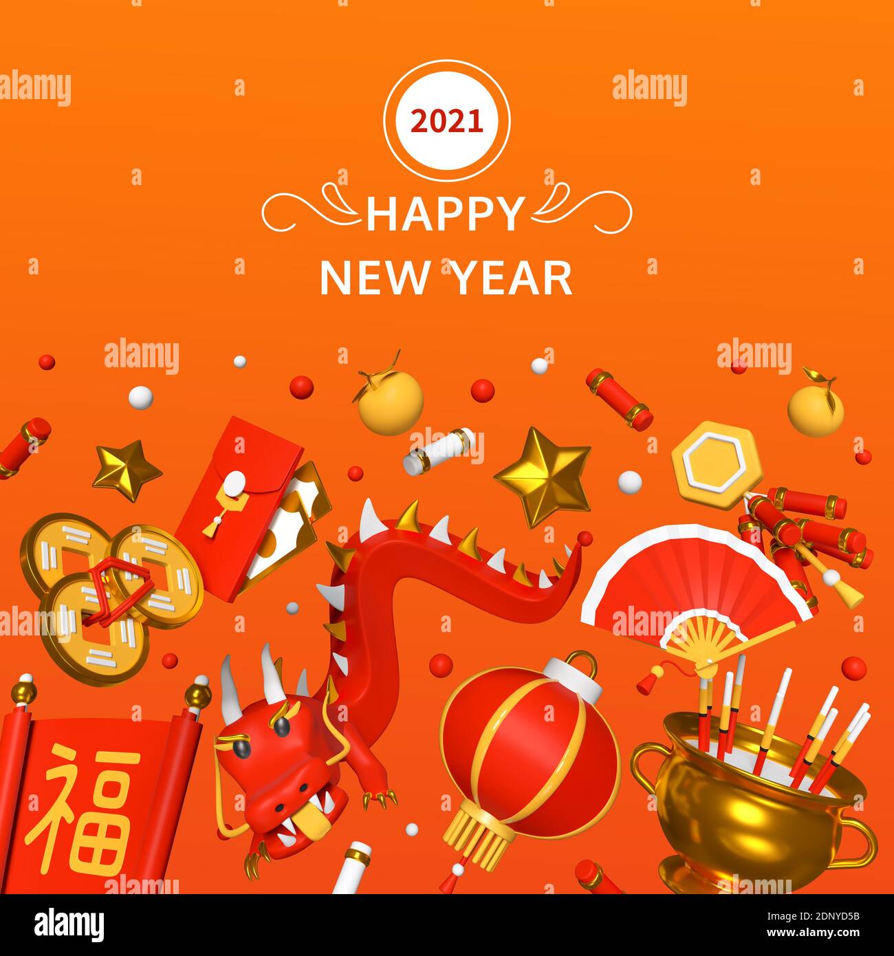 Happy Chinese New Year - colorful 3d banner on orange background. Holiday symbols, culture and national traditions idea. Lantern, firecrackers, feng s Stock Photo