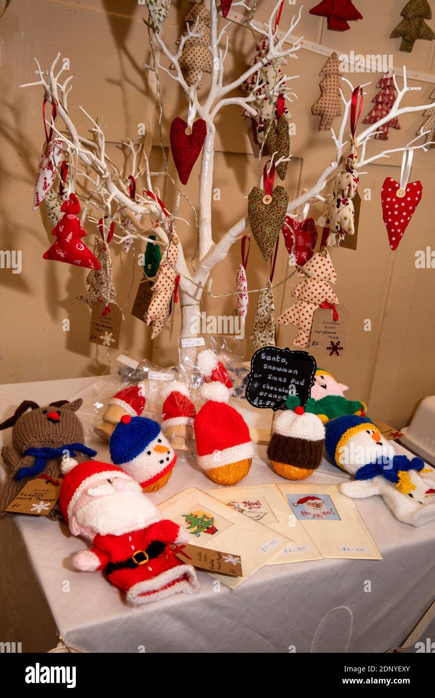 UK, Gloucestershire, Chipping Campden, Christmas Market, hand made and knitted gifts crafted by Ann Kelly Stock Photo