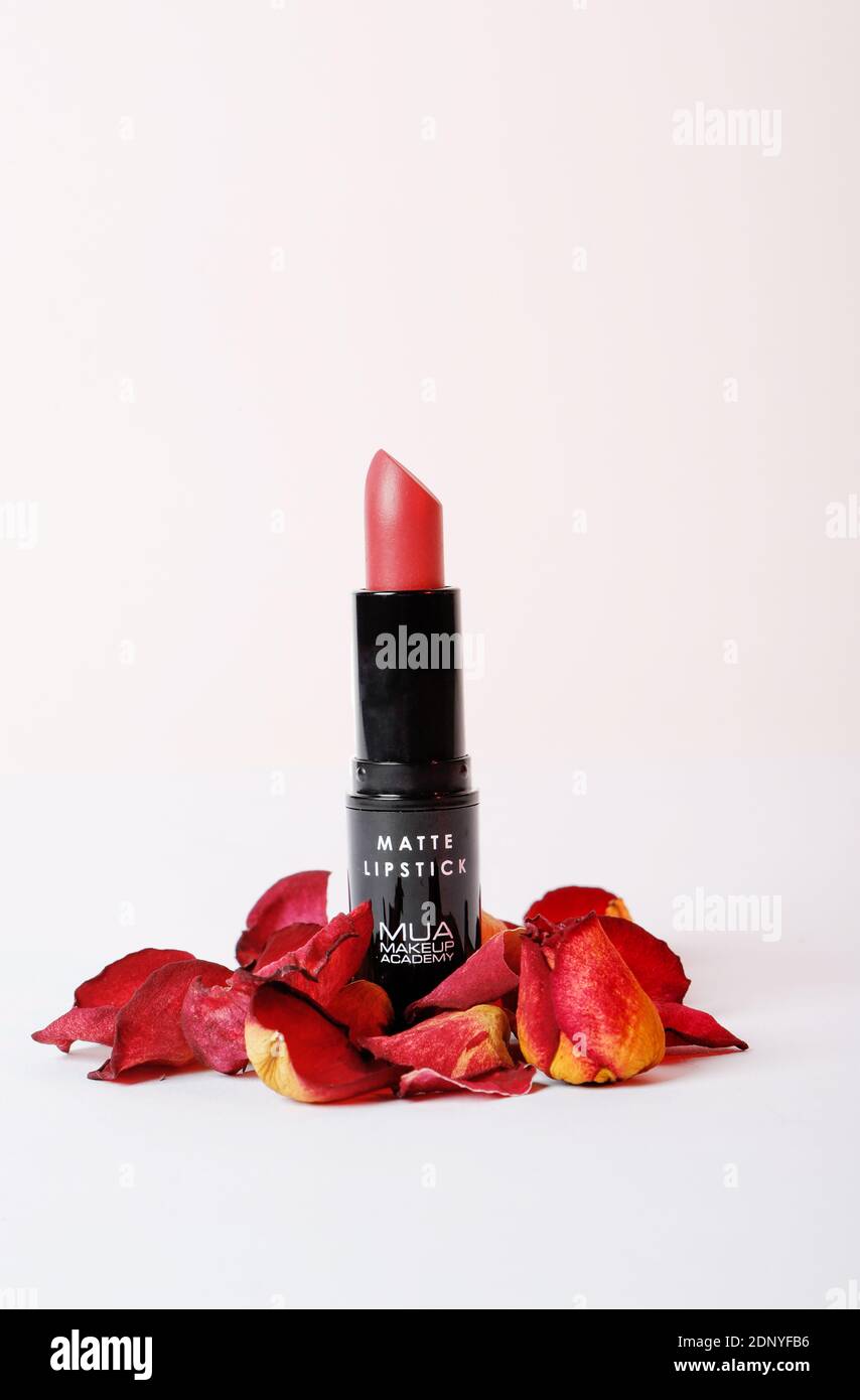 Matte lipstick with colorful petals. Makeup academy Stock Photo - Alamy