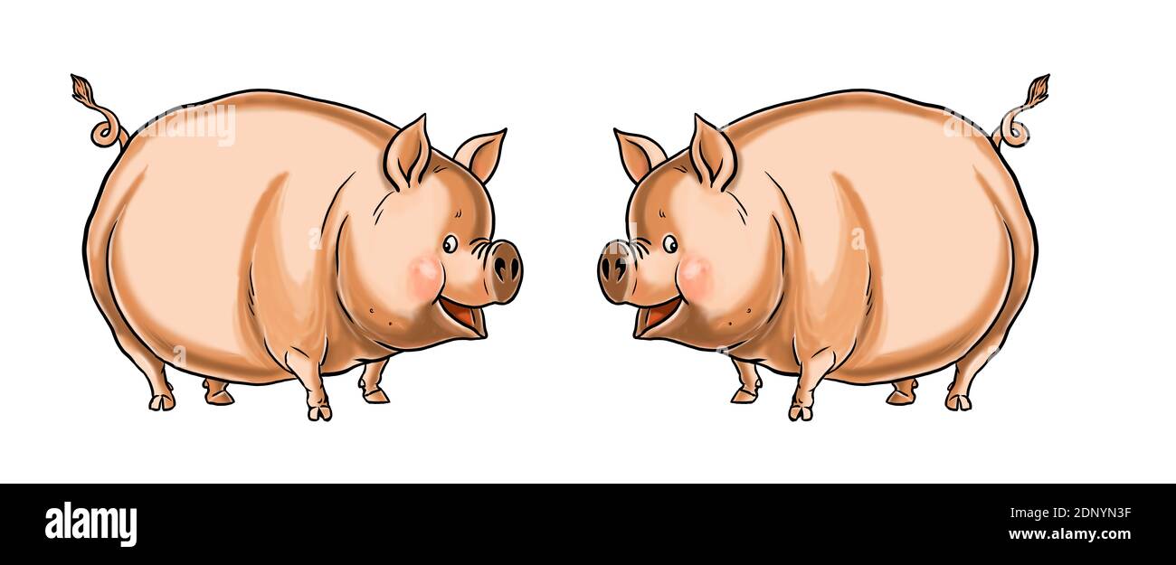 Funny dancing pig. Farm with animals. Cartoon drawing. Stock Photo