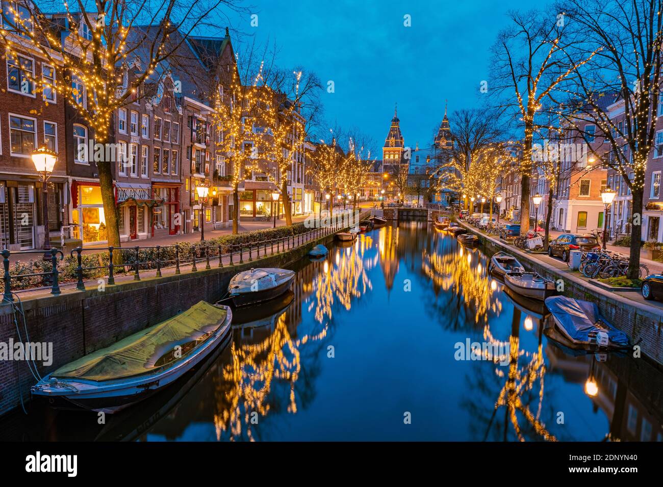 Amsterdam Netherlands canals with Christmas lights during December