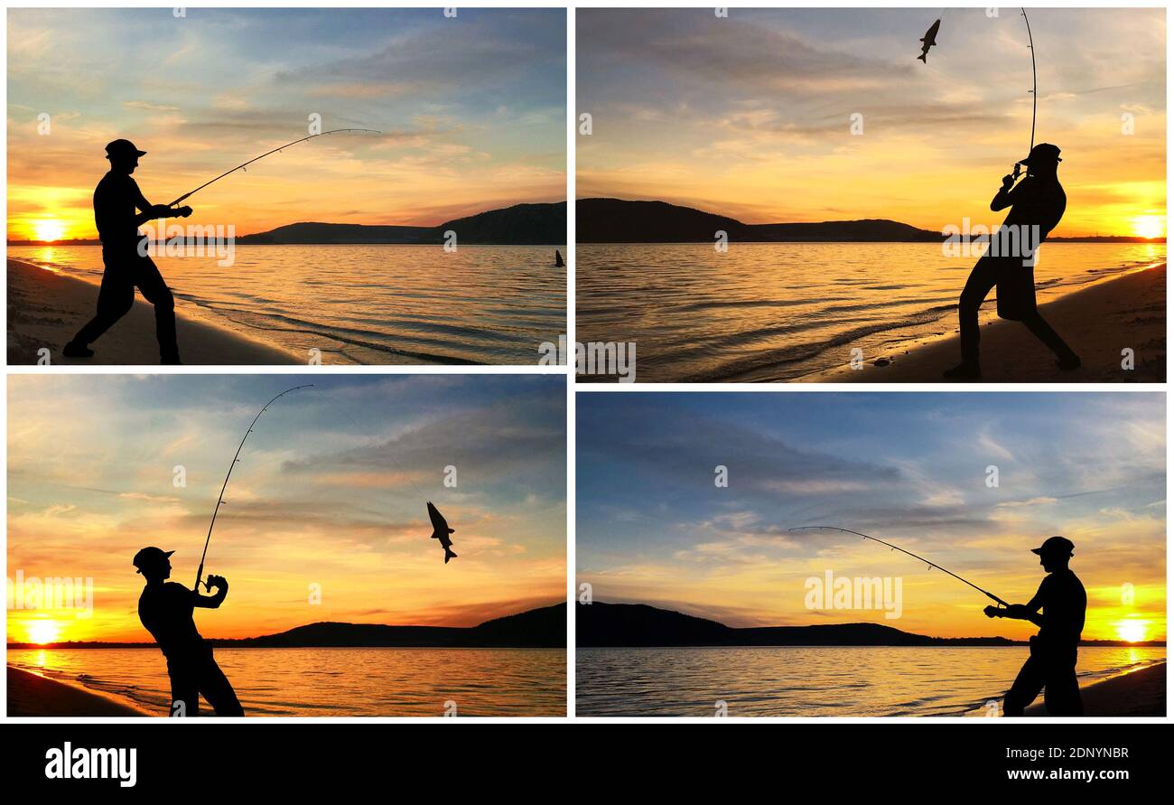 Silhouette of a man fishing by the shoe at sunset -collage set photo ...