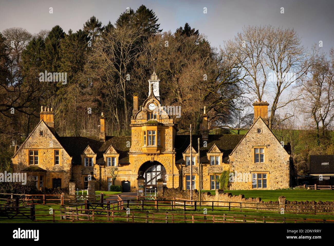 UK, Gloucestershire, Batsford village, imposing façade of Batsford Stud building Stock Photo