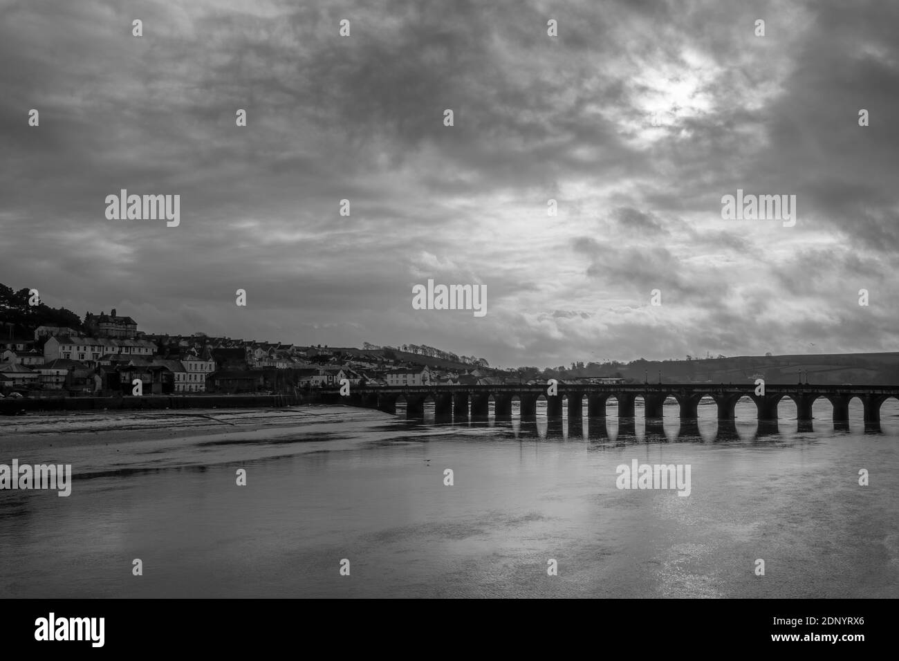 Bideford, on the River Torridge in North Devon, on a bad weather, rainy day in winter. Monochrome. Stock Photo