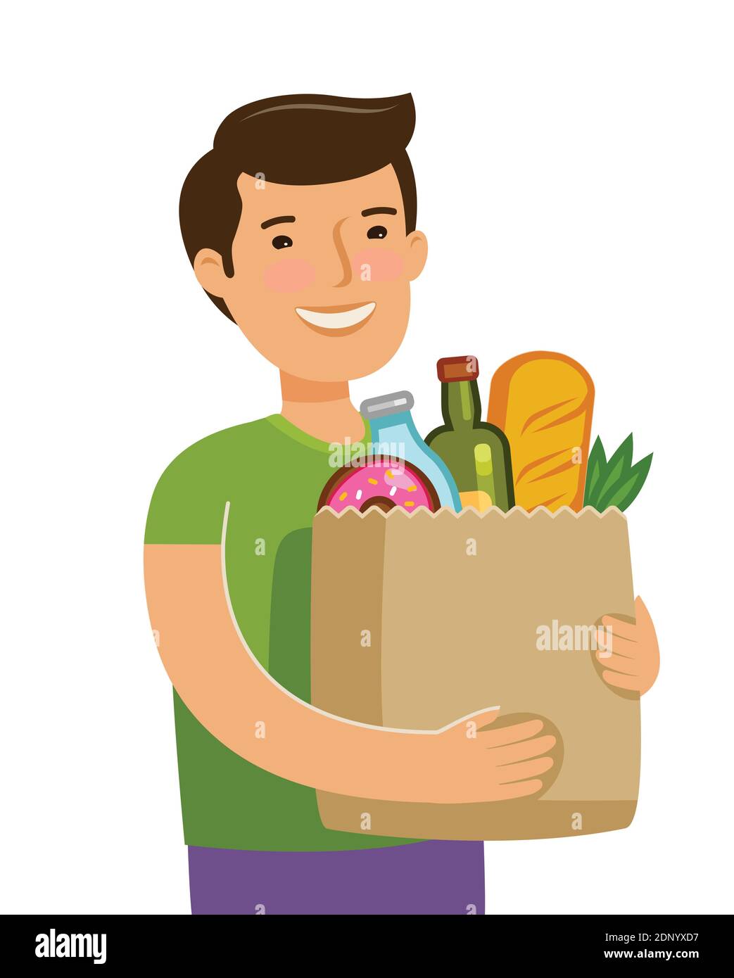 Sale of food. Young man holding paper bag with foodstuffs Stock Vector