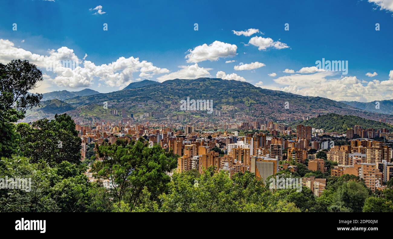 Panoramic aerial view of Valle de Aburrá where is located one of the most important cities of Colombia, Medellin, always in spring Stock Photo