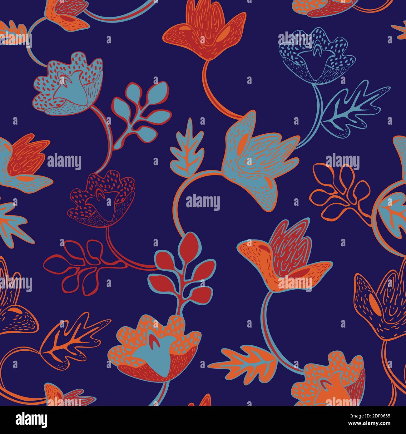 Vector seamless pattern of abstract blooming flowers on a blue background. Design for textile or wallpaper. Stock Vector