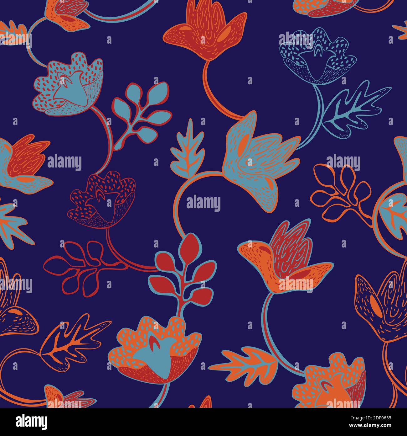 Vector seamless pattern of abstract blooming flowers on a blue ...