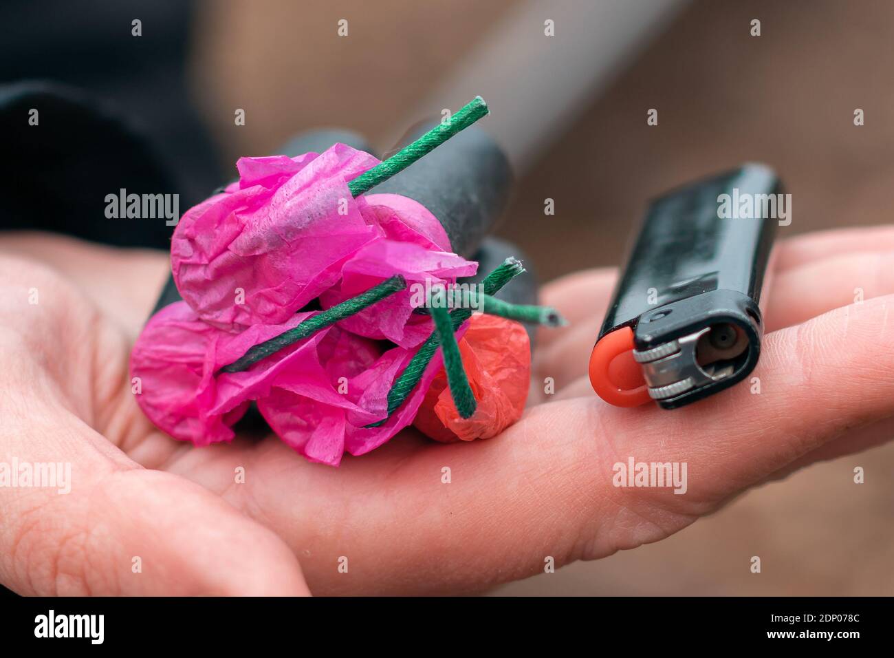 The Firecrackers in a Hand. Man Holding Five Black Petards with a Gas Lighter on His Palm. A Human with a Pyrotechnics Outdoors Stock Photo