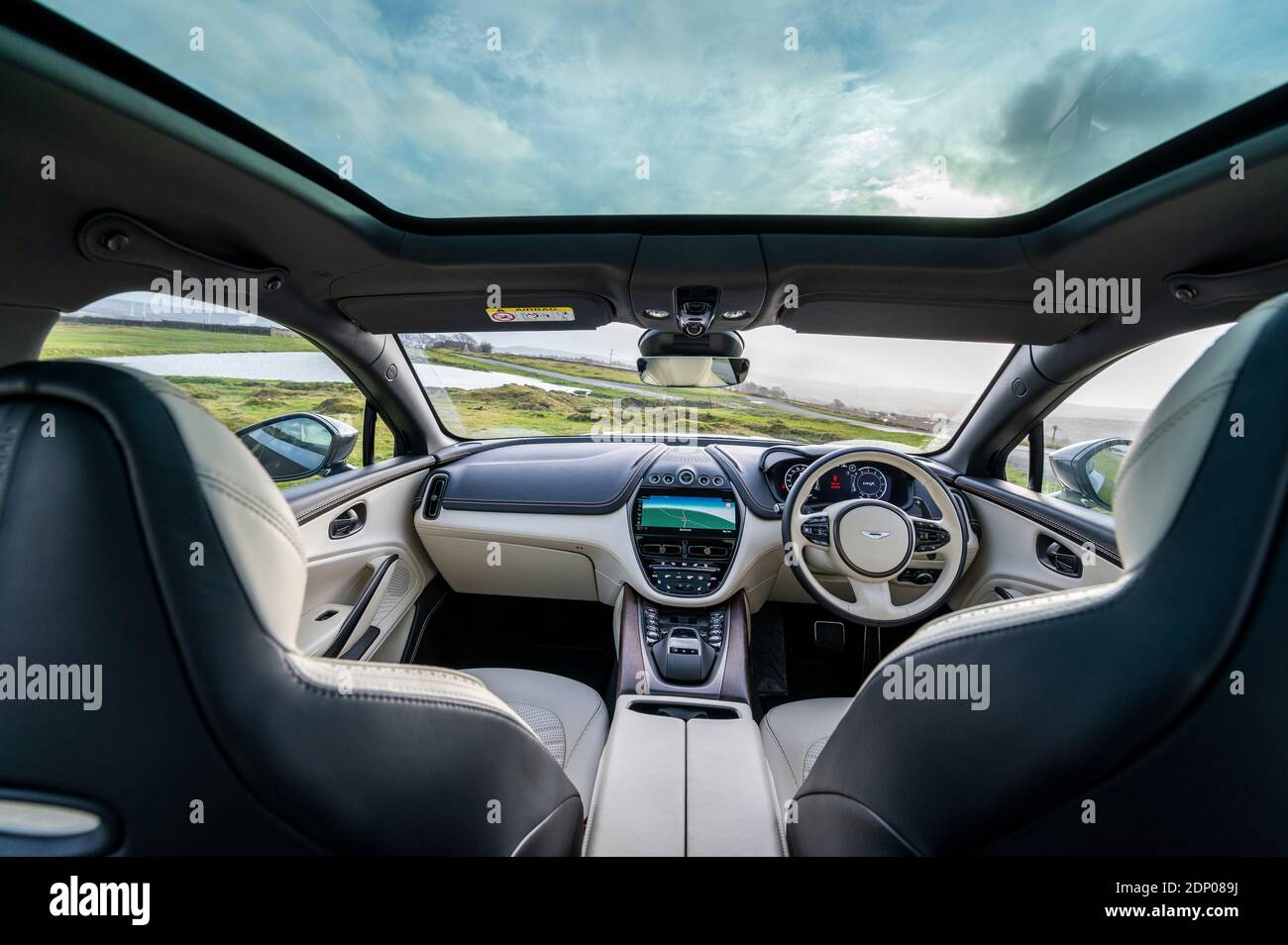 Interior of an Aston Martin DBX 4 litre V8 SUV with a top speed of 180 mph and a price tag starting at £158,000. Stock Photo
