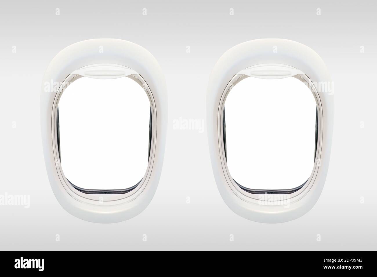 Blank windows of airplane from inside, aerial travel concept Stock Photo