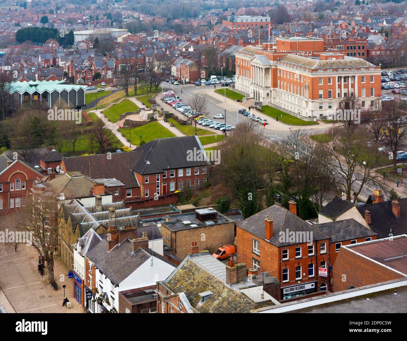 View looking down on Chesterfield Town Hall and Chesterfield town centre in Derbyshire England UK Stock Photo