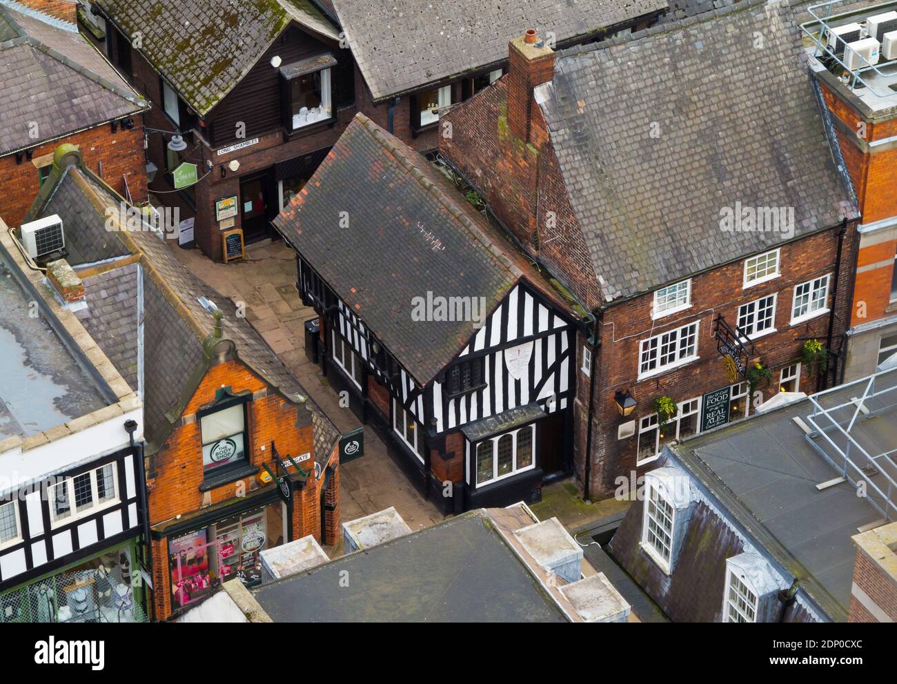 View looking down on old buildings in The Shambles area of medieval streets in Chesterfield town centre Derbyshire England UK Stock Photo