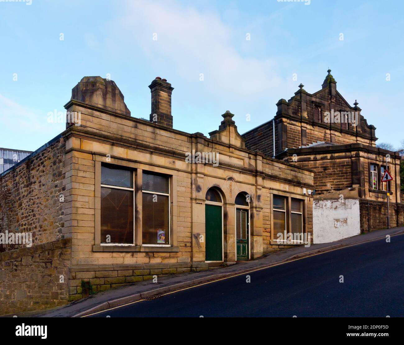 Buildings that were formerly offices and tram sheds of the Matlock Cable Tramway in Matlock Derbyshire England UK which ran from 1893 until 1927. Stock Photo