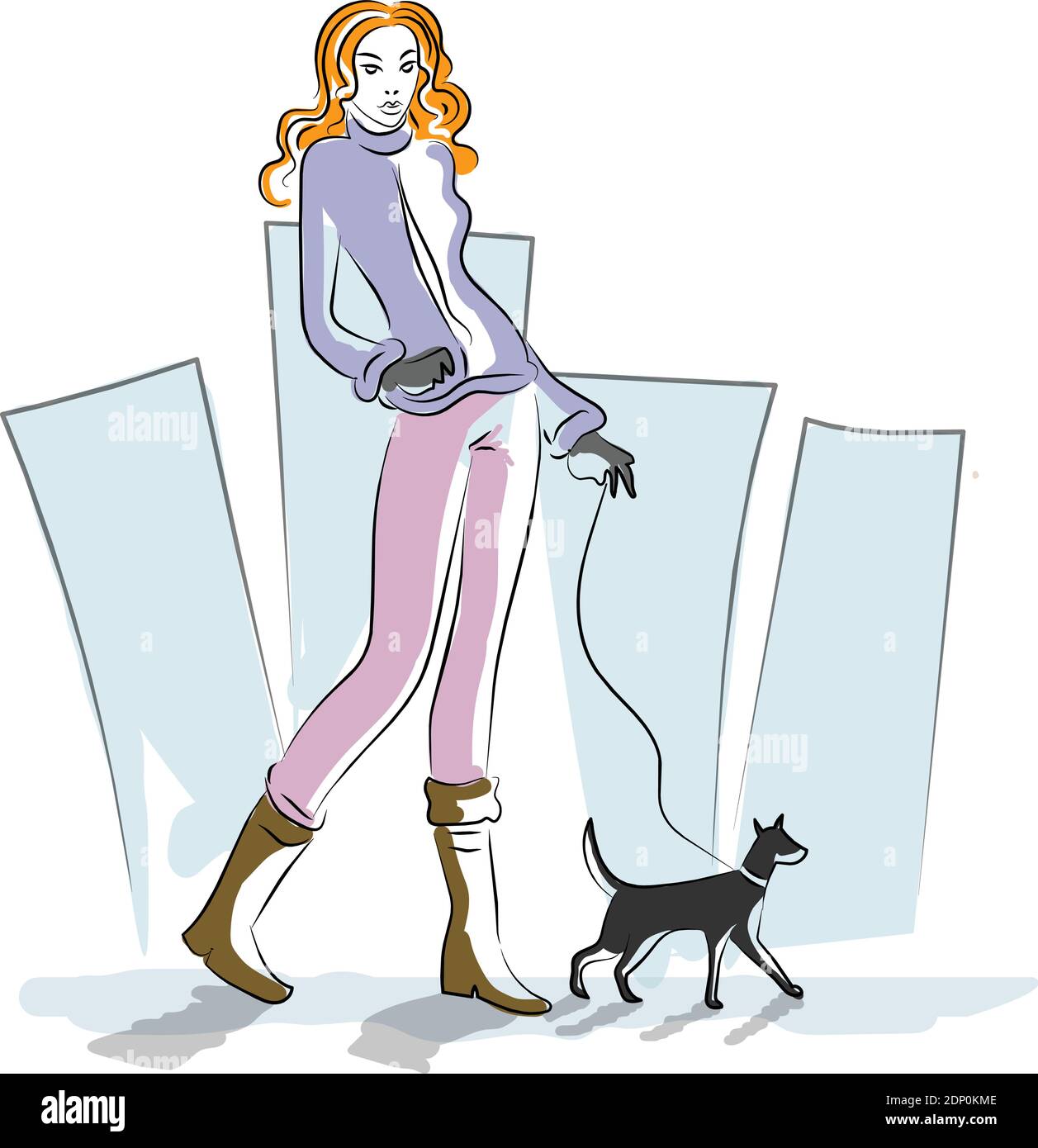 Woman or young model girl on walk with dog outdoor, flat vector illustration isolated Stock Vector