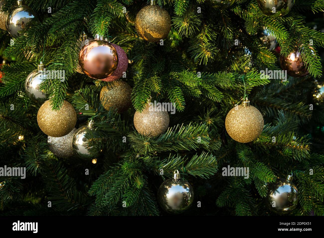 Christmas tree decorated with Golden balls Stock Photo Alamy
