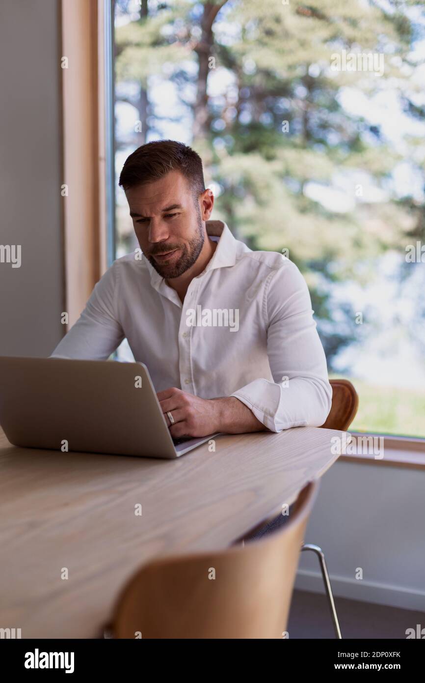 Man at home using laptop Stock Photo