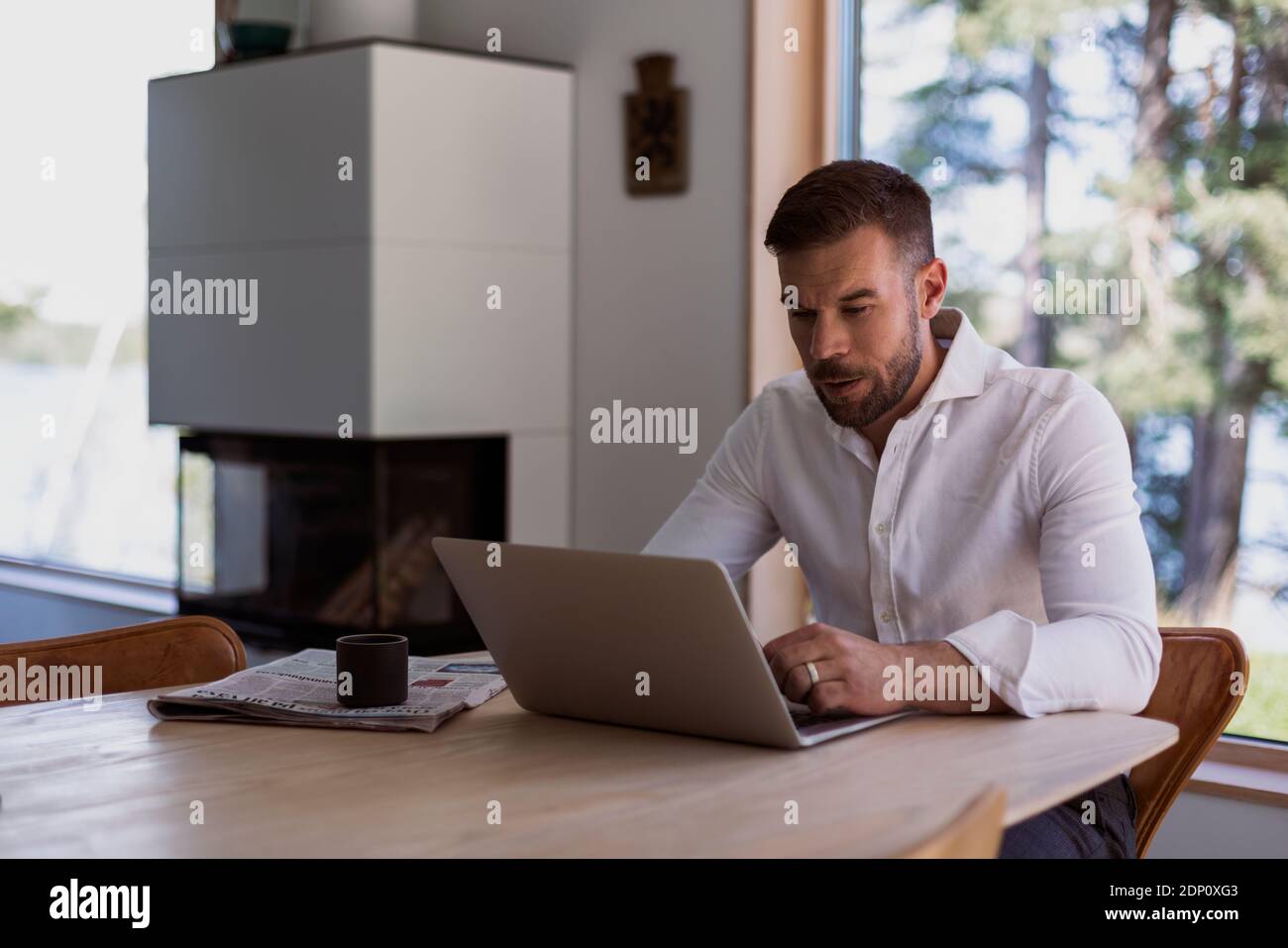 Man at home using laptop Stock Photo