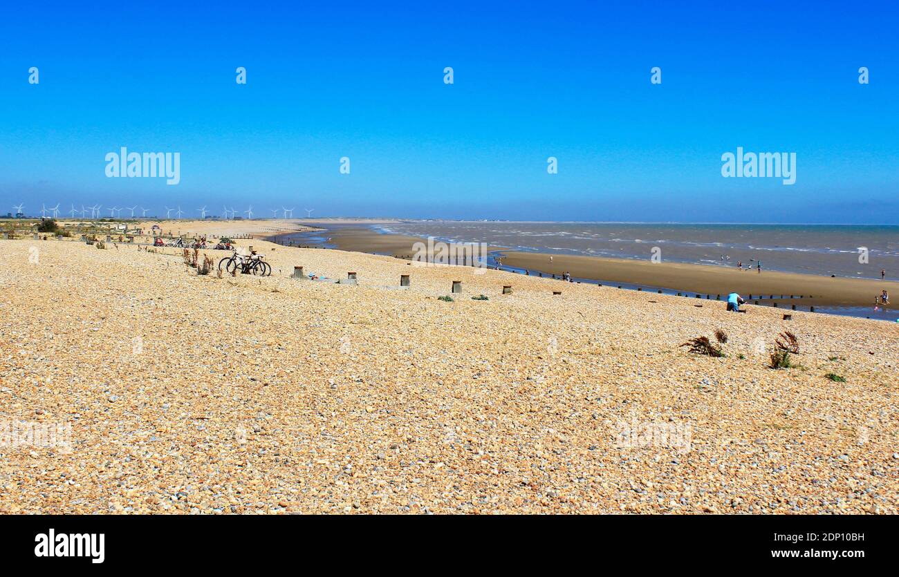 Summer day at Winchelsea Beach at lowtide looking north.The beach