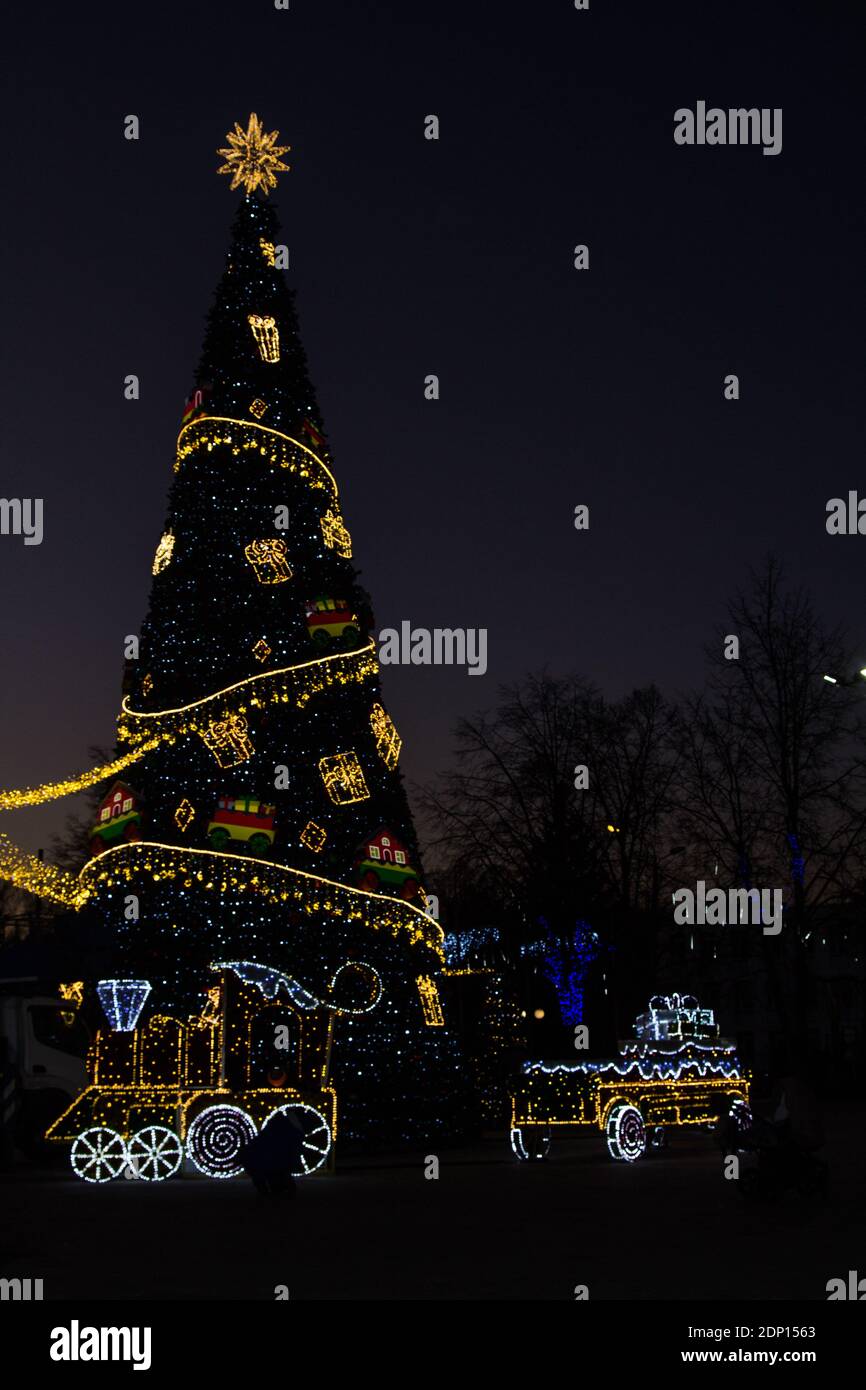 Elegant Christmas tree with garlands and toys in the evening Stock ...